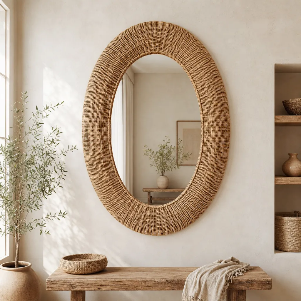 Grand Miroir Mural Ovale en Rotin Maison